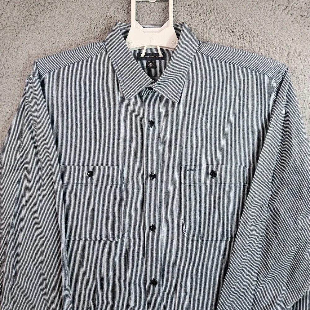 Banana Republic Shirt Men XL 17-17.5 Flip Cuff Button Up Blue‎ White Striped